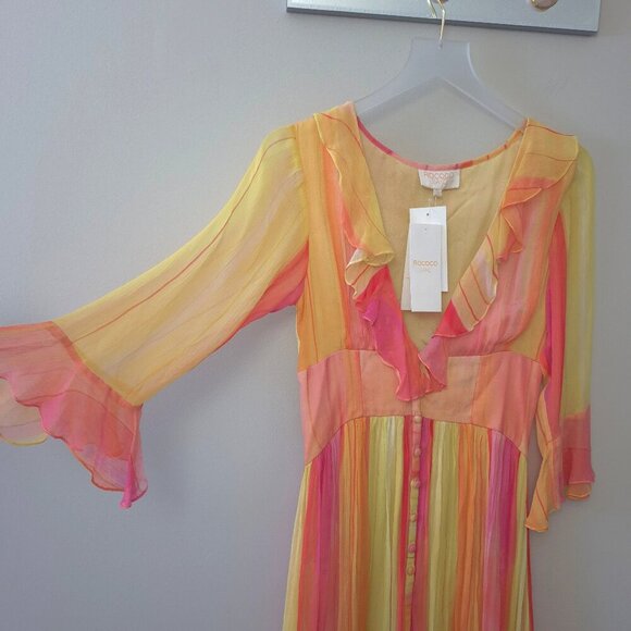 NWT Rococo Sand yellow & coral ruffle accent & asymmetric hem dress, S - Picture 7 of 10